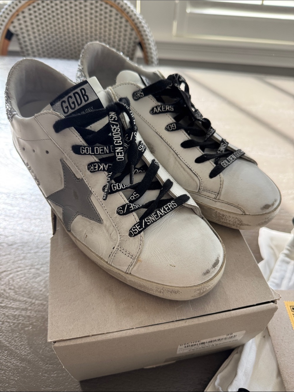 Golden Goose Superstar Sneakers, White/Silver with glitter and branded laces